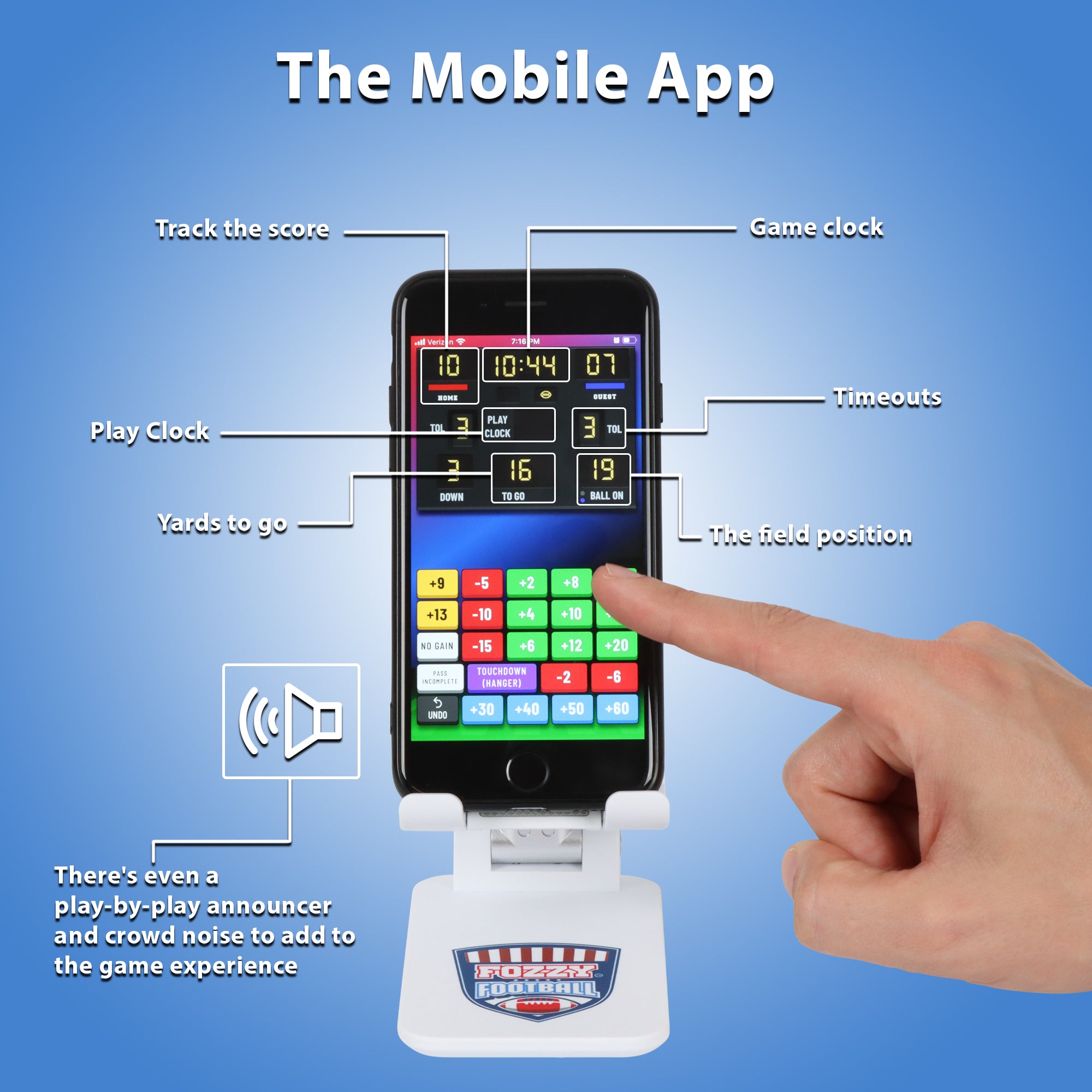 Fozzy Football Tabletop Set picture of mobile app on Fozzy phone stand