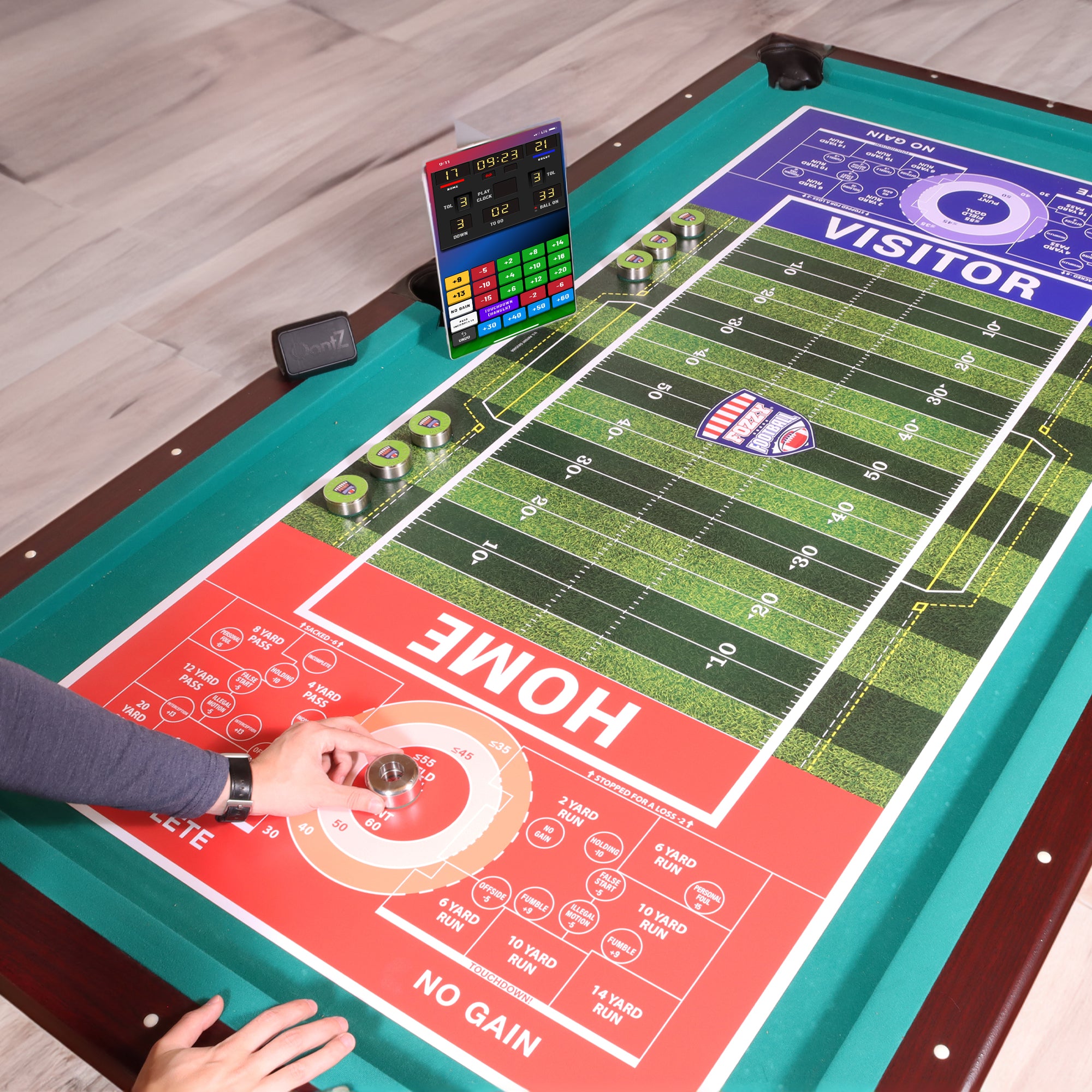 Fozzy Football Tabletop Set top angle view person taking a turn playing