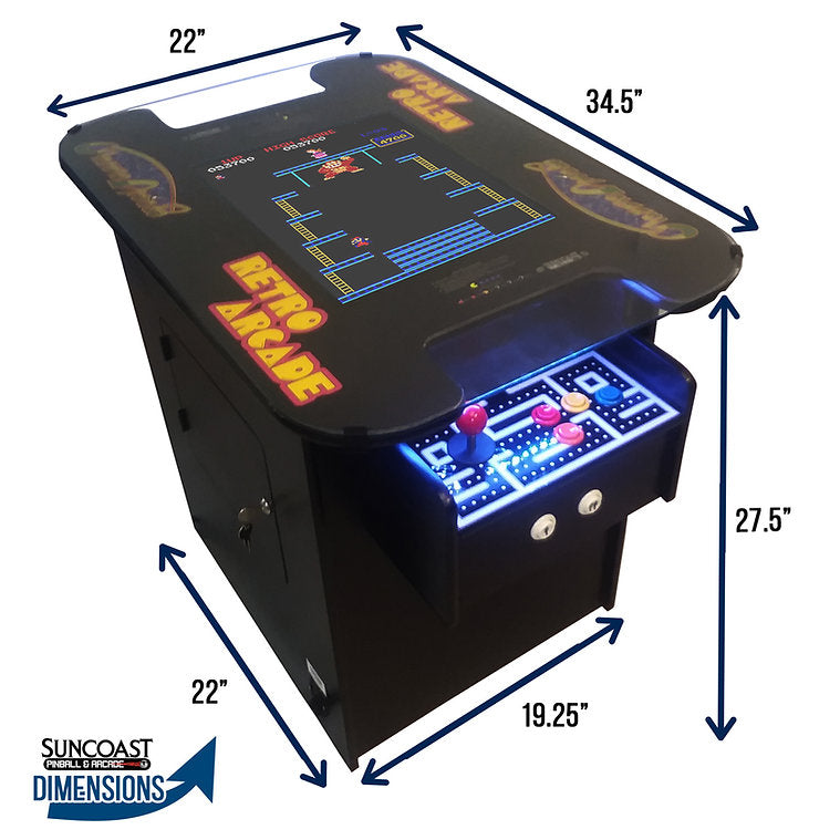 Suncoast Premium Cocktail Arcade Machine 60 Games angle view with dimensions 