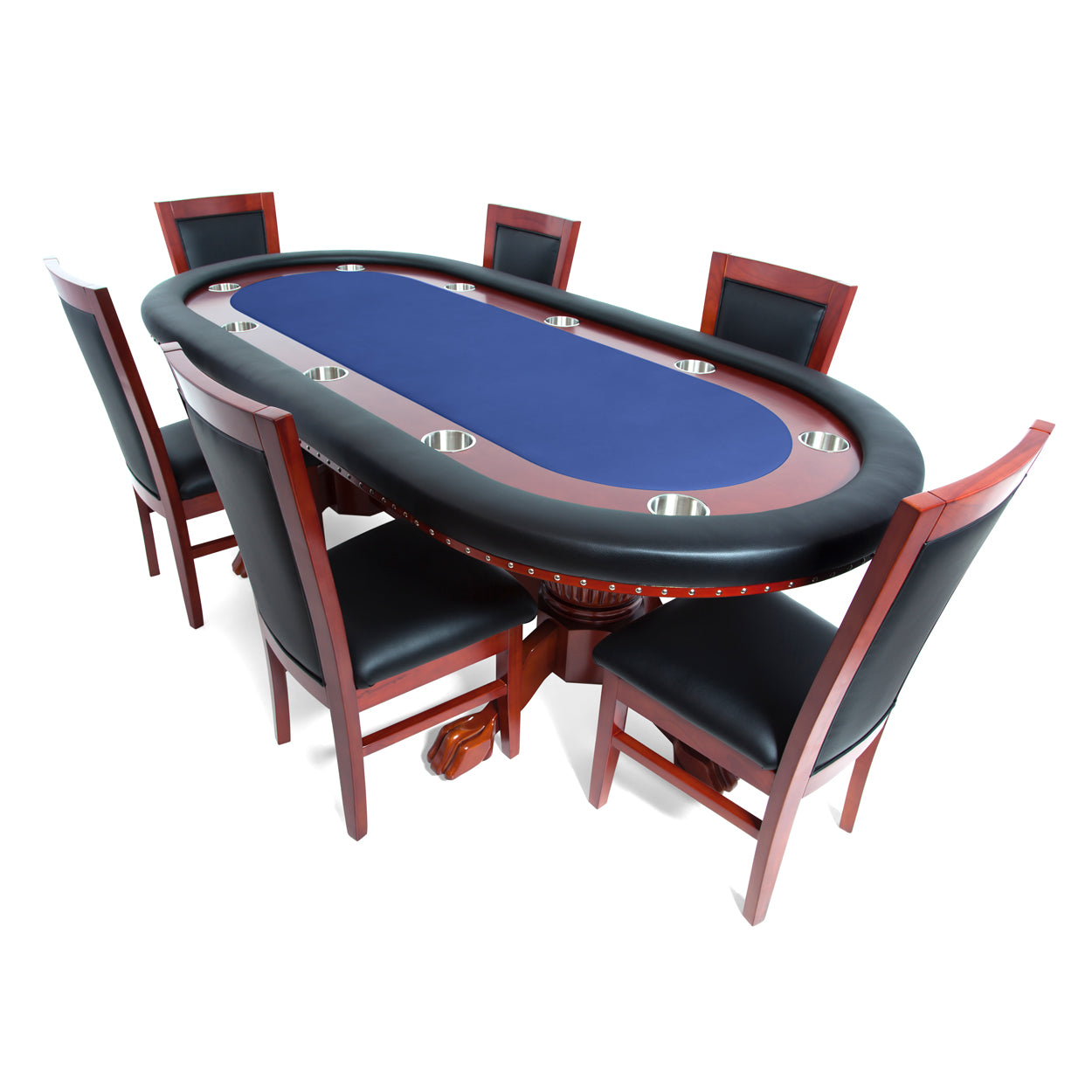 BBO The Rockwell Poker Table blue cloth with six mahogany dining chairs