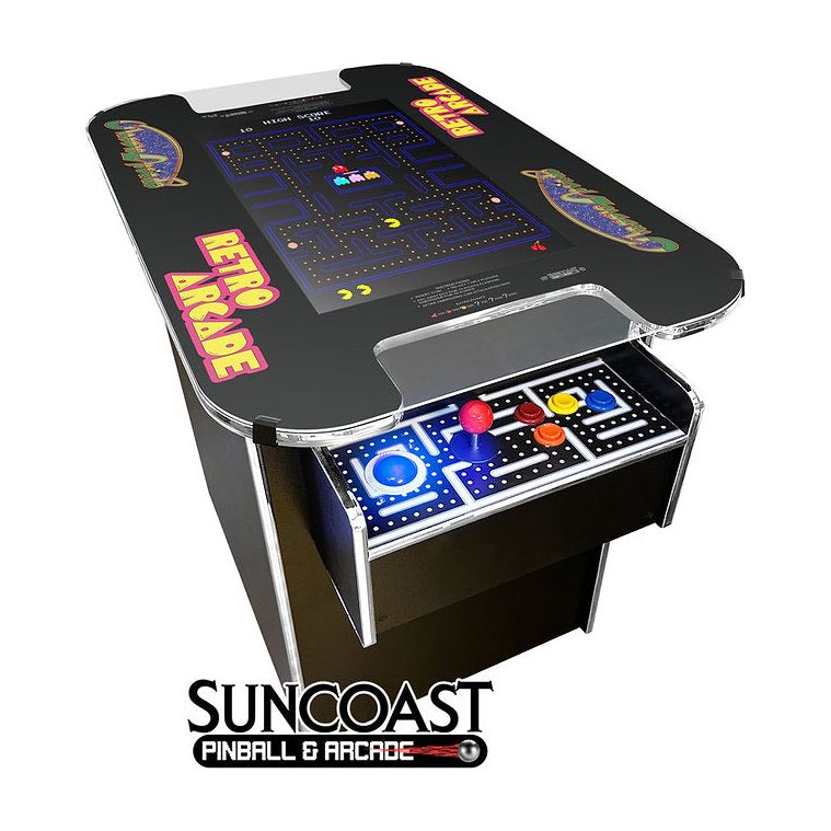 Suncoast XL Cocktail Arcade Machine 60 Games chrome trim with logo angle view 