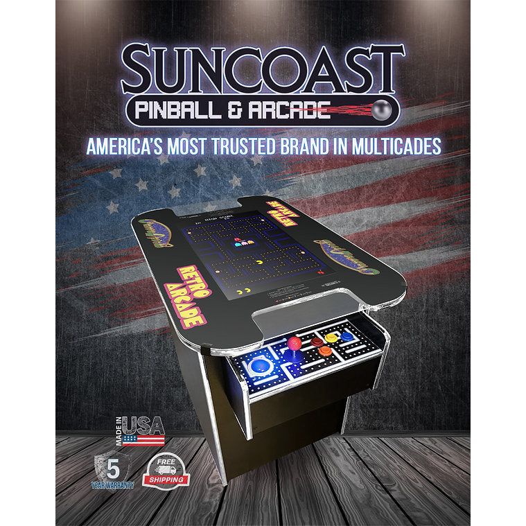 Suncoast XL Cocktail Arcade Machine 60 Games angle view wood background with American flag