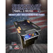 Suncoast XL Cocktail Arcade Machine 60 Games angle view wood background with American flag