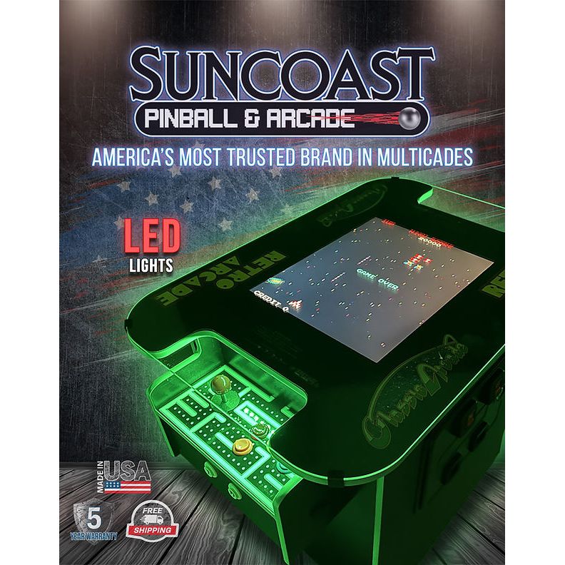 Suncoast Premium Pub Height Cocktail Arcade Machine 60 Games angle view neon with flag in back