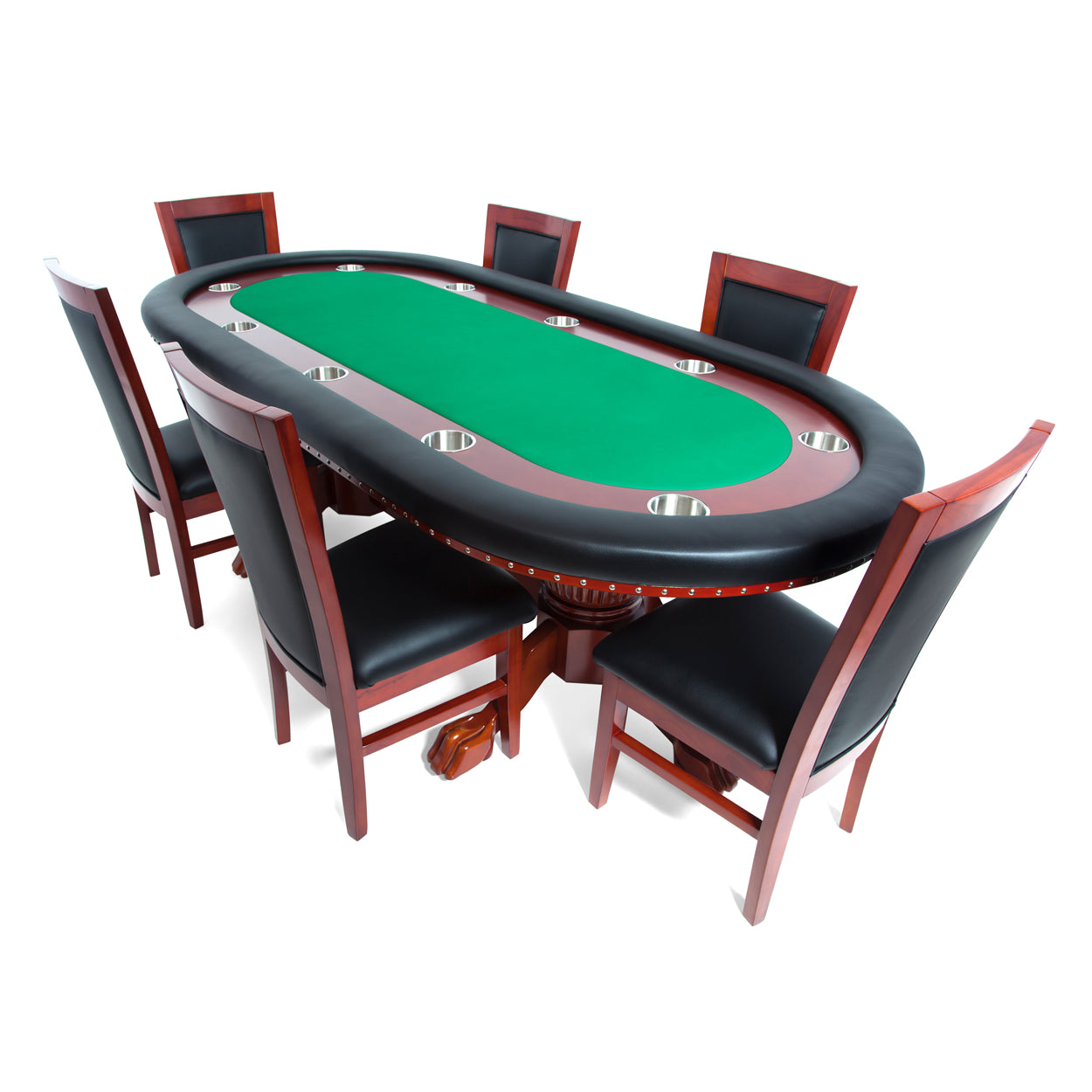 BBO The Rockwell Poker Table green cloth with six mahogany dining chairs