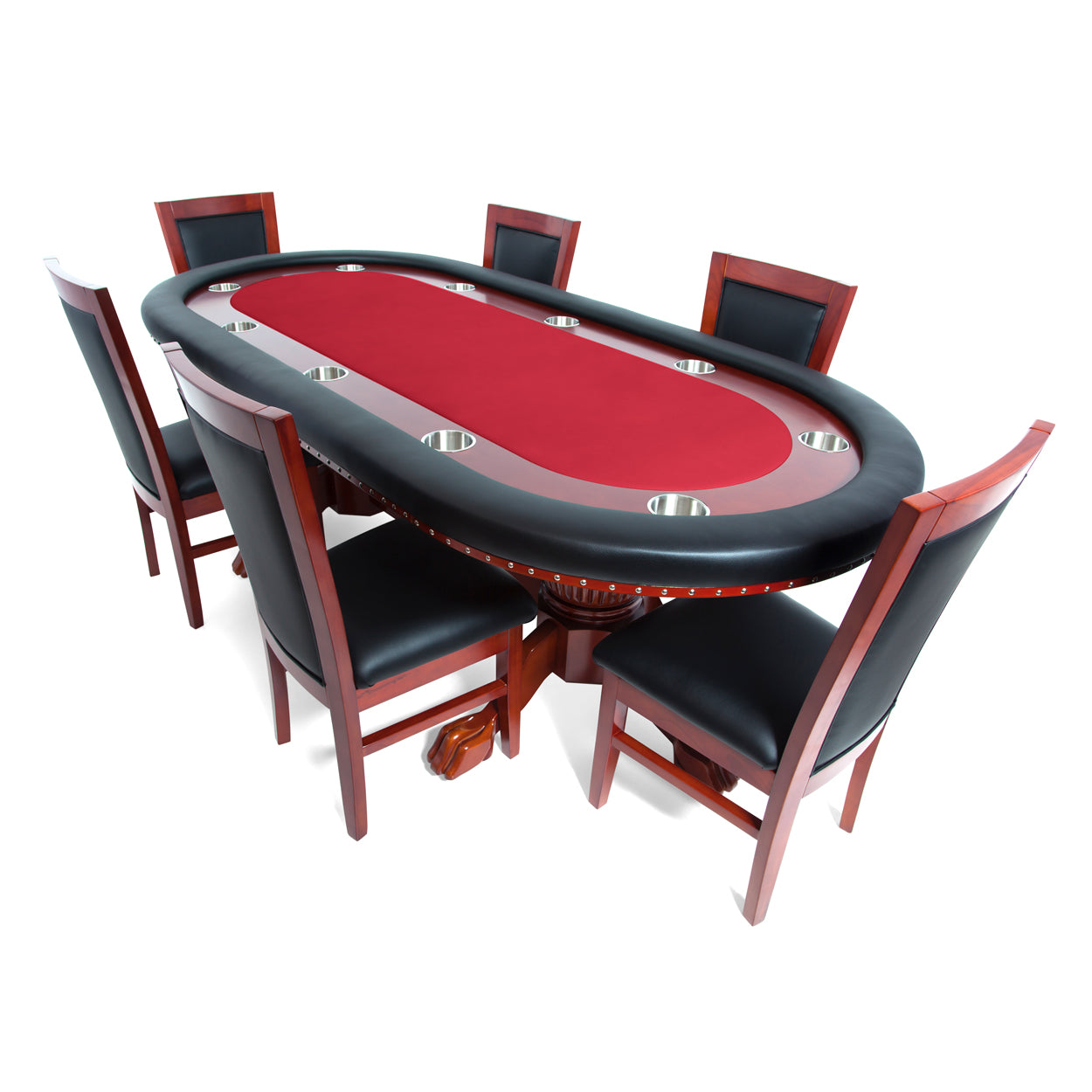 BBO The Rockwell Poker Table red cloth with six mahogany dining chairs