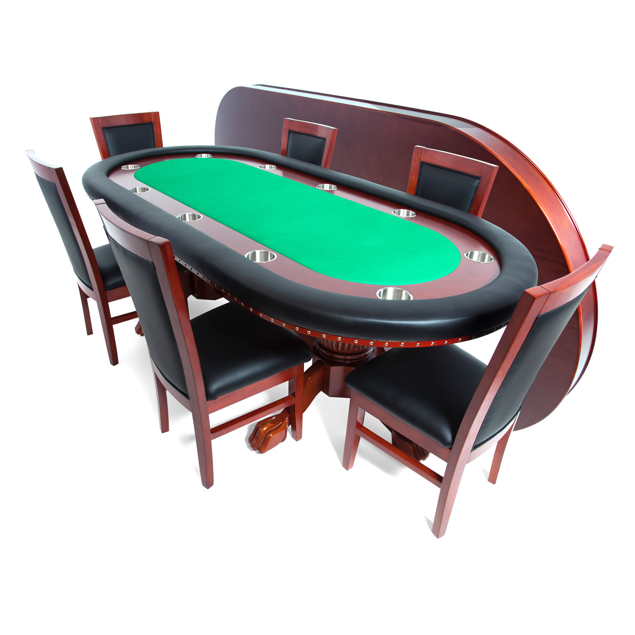 BBO The Rockwell Poker Table green cloth with dining top and six mahogany dining chairs