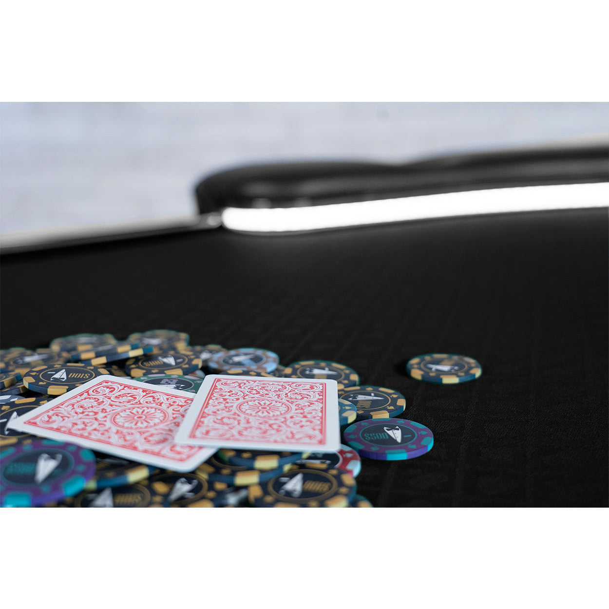 BBO The Aces Pro Alpha Folding Poker Table black speedcloth close up of cards and chips
