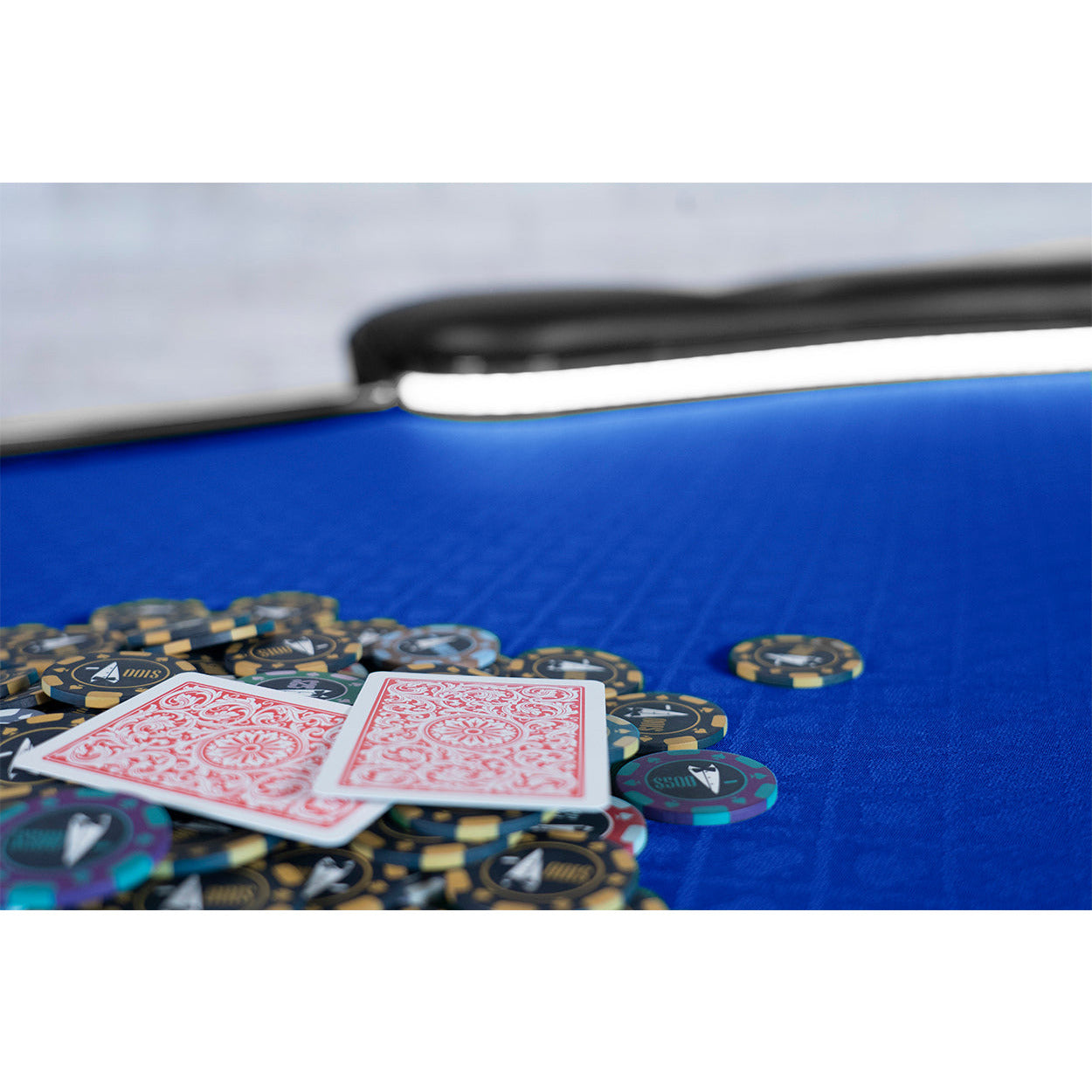 BBO The Aces Pro Alpha Folding Poker Table blue speedcloth close up of cards and chips 