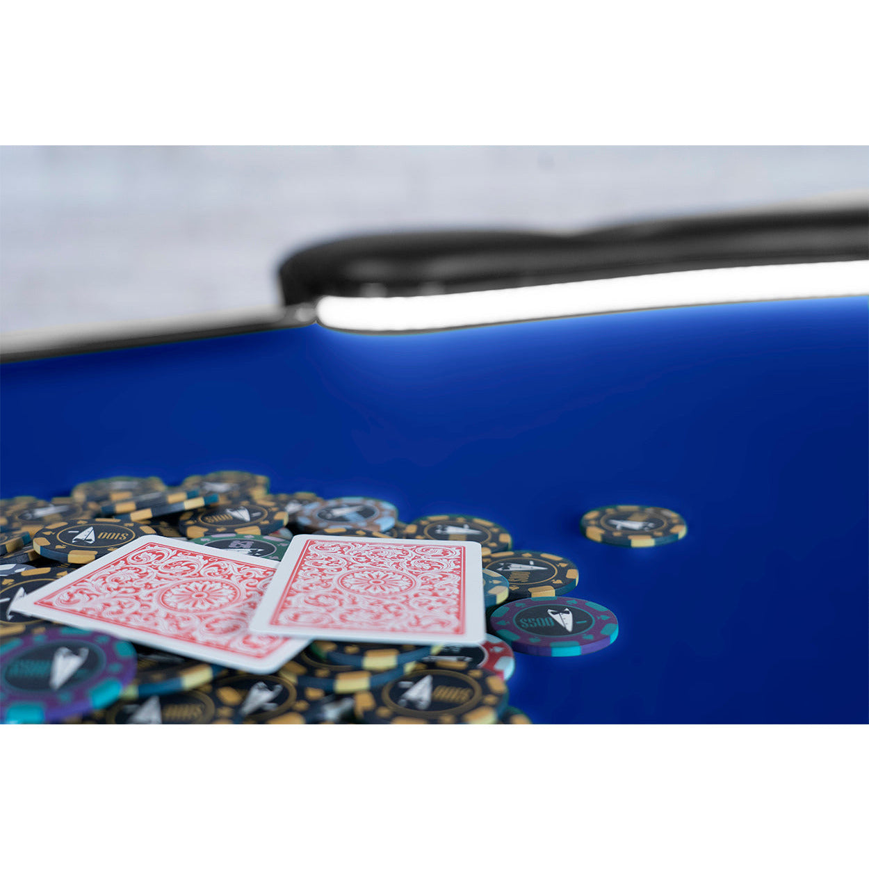 BBO The Aces Pro Alpha Folding Poker Table blue close up of cards and chips