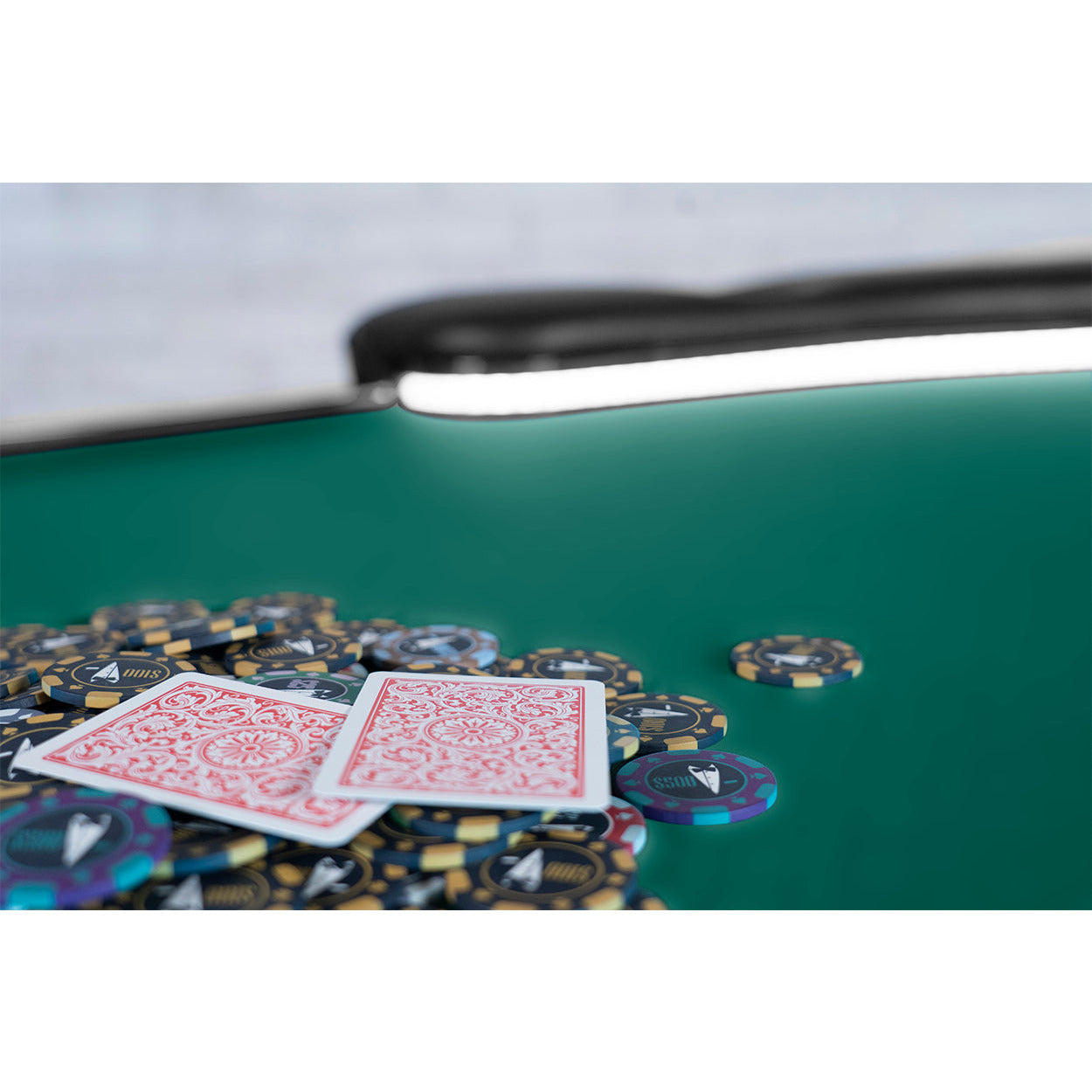 BBO The Aces Pro Alpha Folding Poker Table green close up of cards and chips 