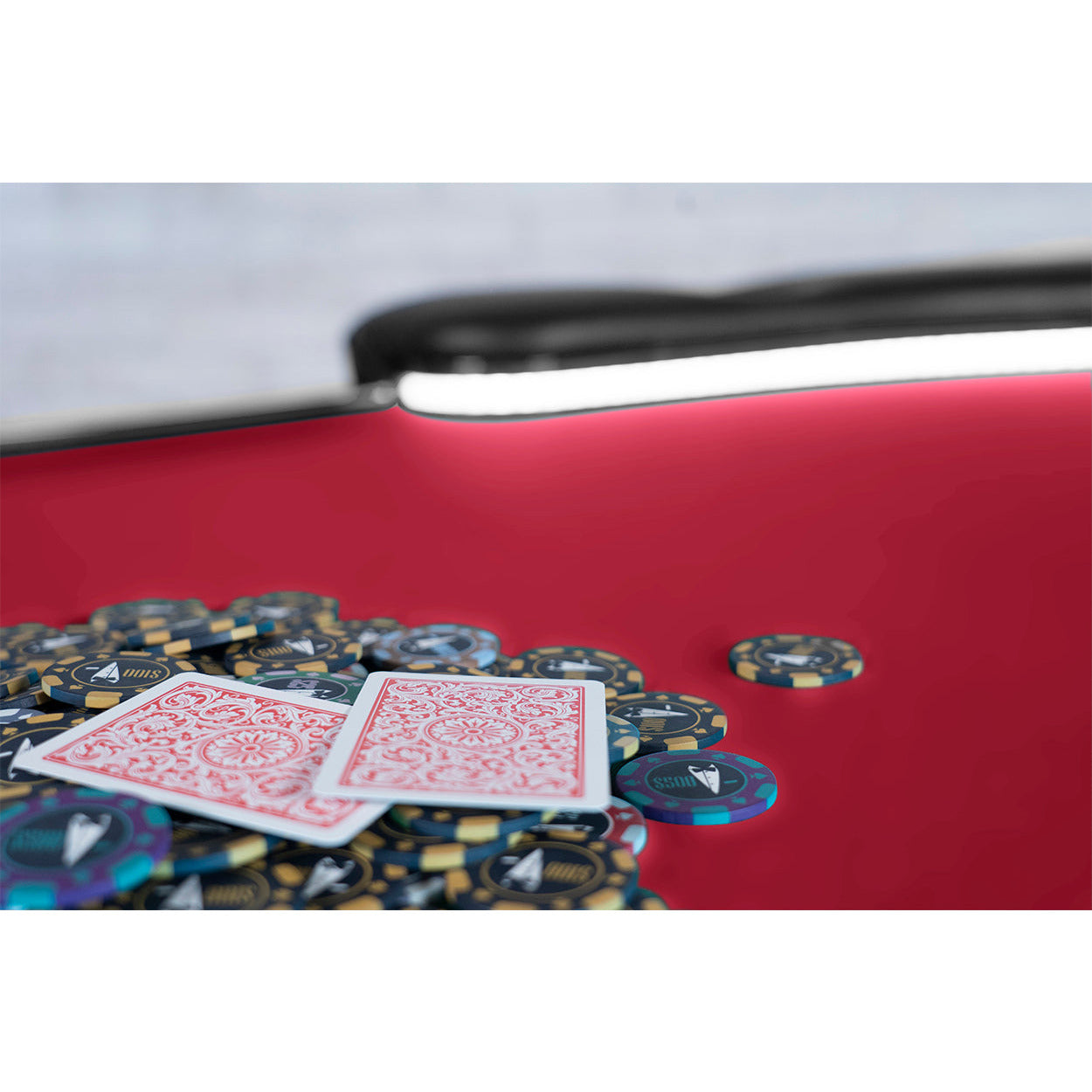 BBO The Aces Pro Alpha Folding Poker Table red close up of cards and chips 
