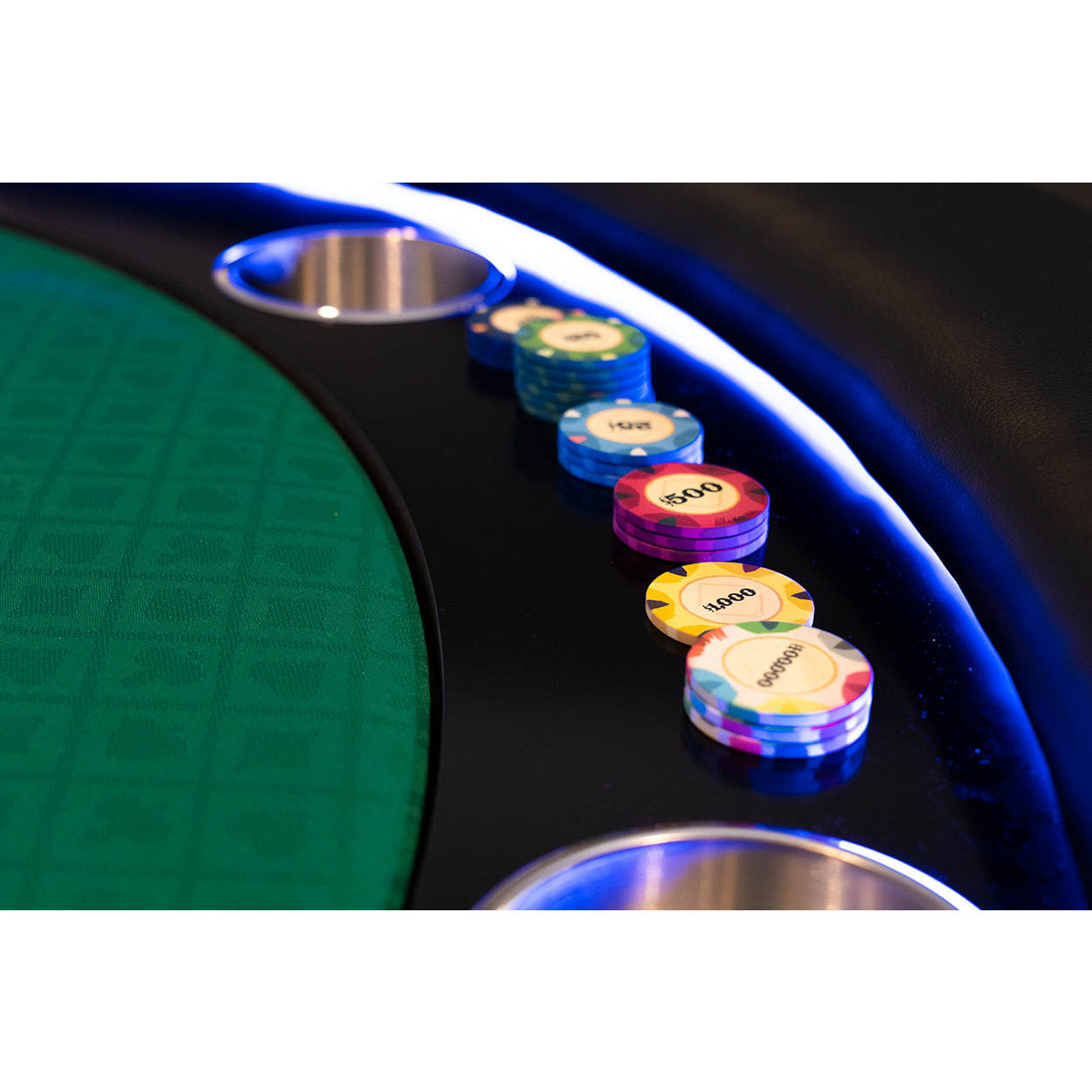 BBO The Ginza LED Premium Poker Table close up of cupholders and playing chips 