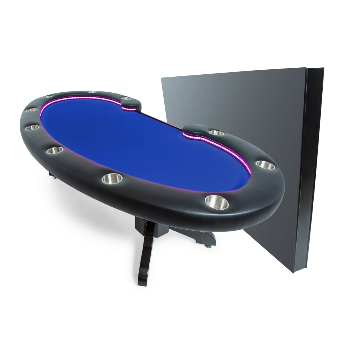 BBO The Lumen HD Poker Table blue with dining table on side angle view 