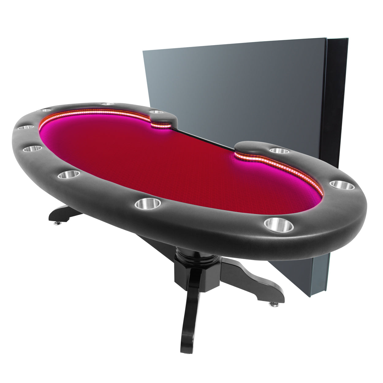 BBO The Lumen HD Poker Table red speedcloth front angle view with dining top on side 